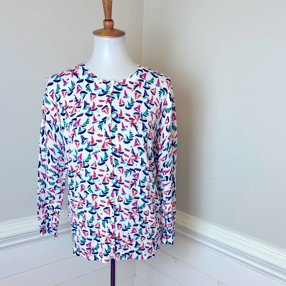 Cable & Gauge Watercolor Sailboat Print Cardigan XL